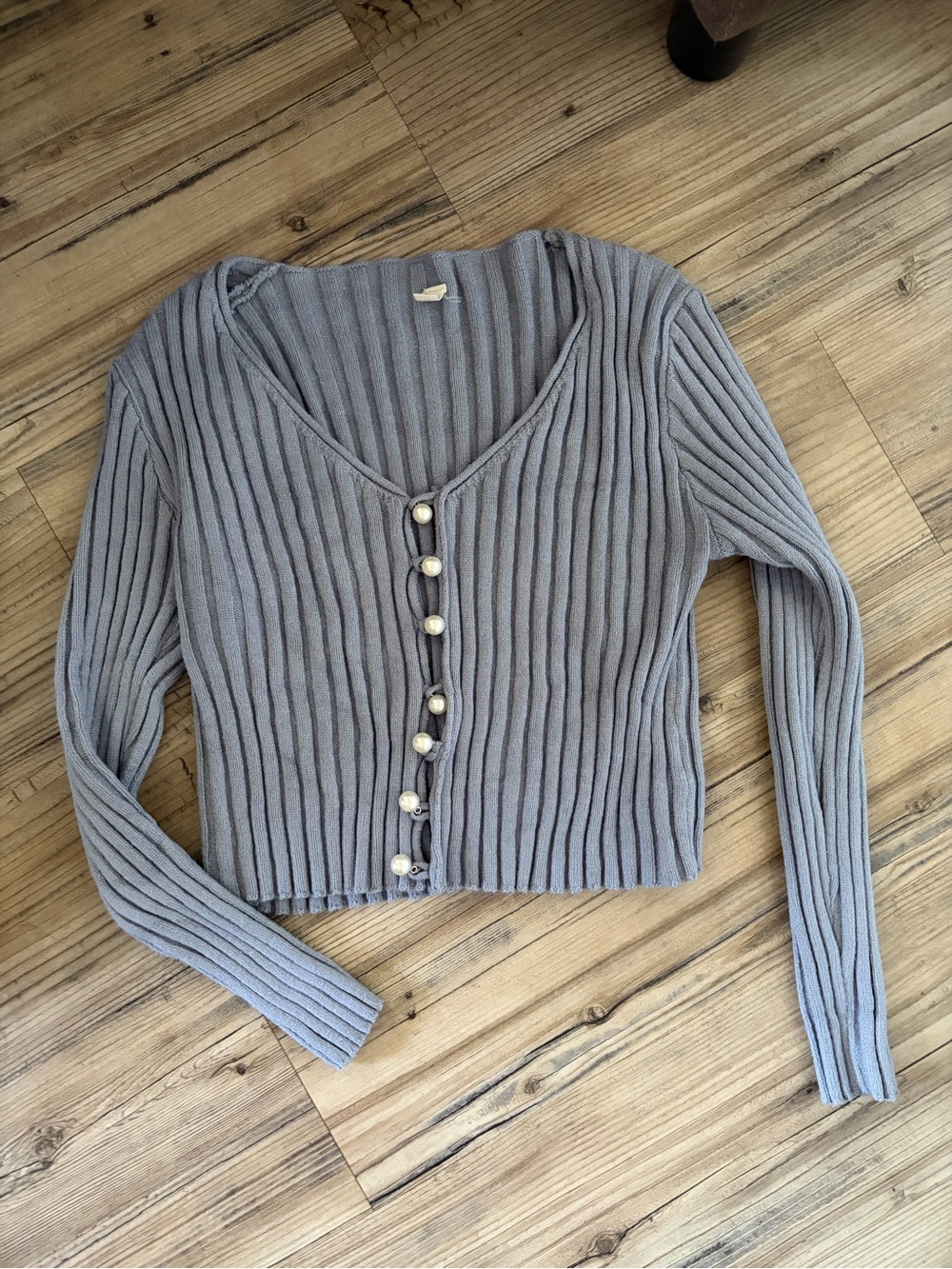 Lavender Blue Ribbed Pearl Button-Front Crop Cardigan
